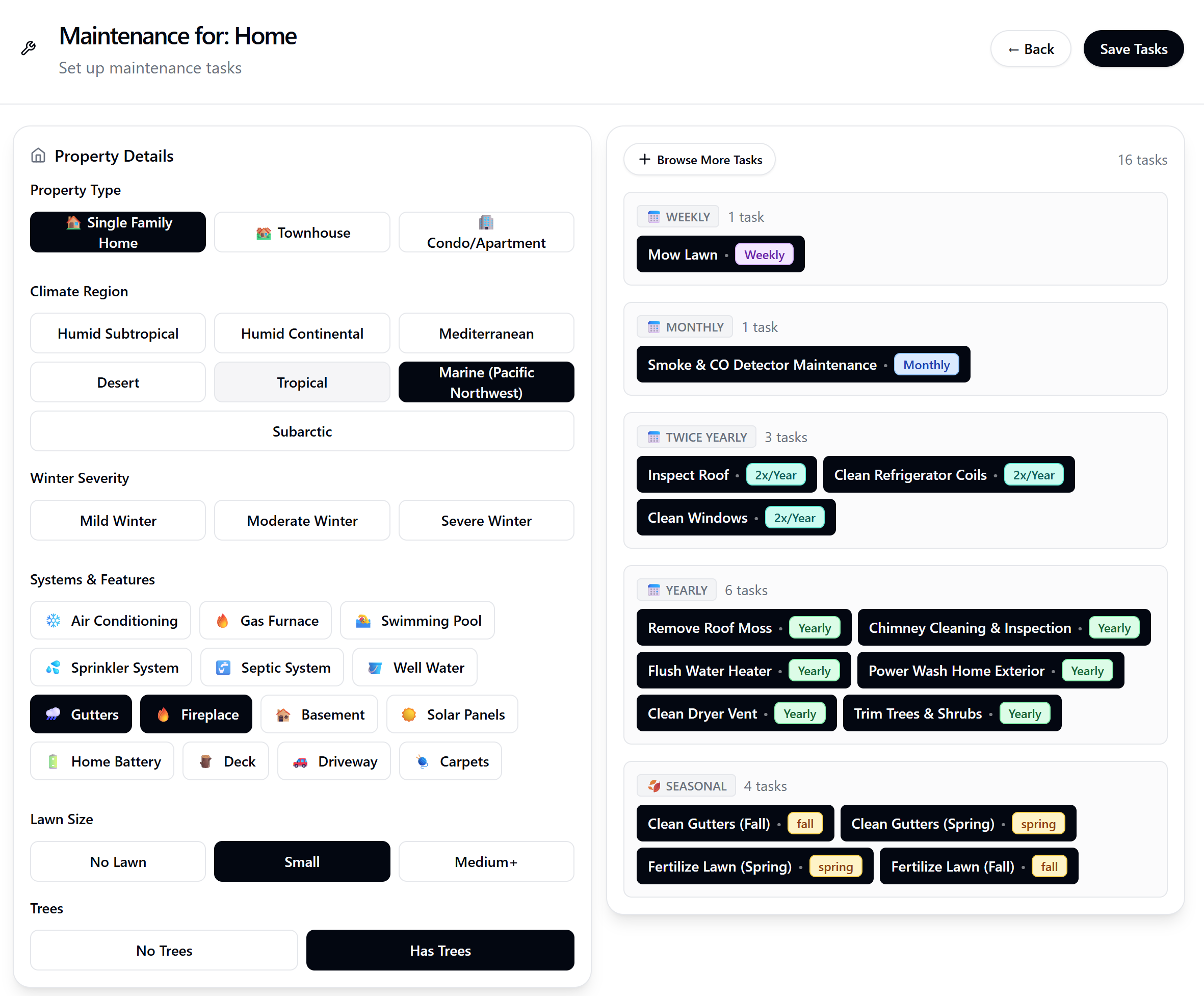 A detailed home maintenance schedule for a single-family home with many tasks.